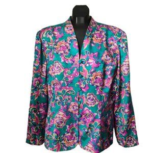 Vintage Adrianna Papell Silk Bright Floral Print Blazer Jacket Size 16